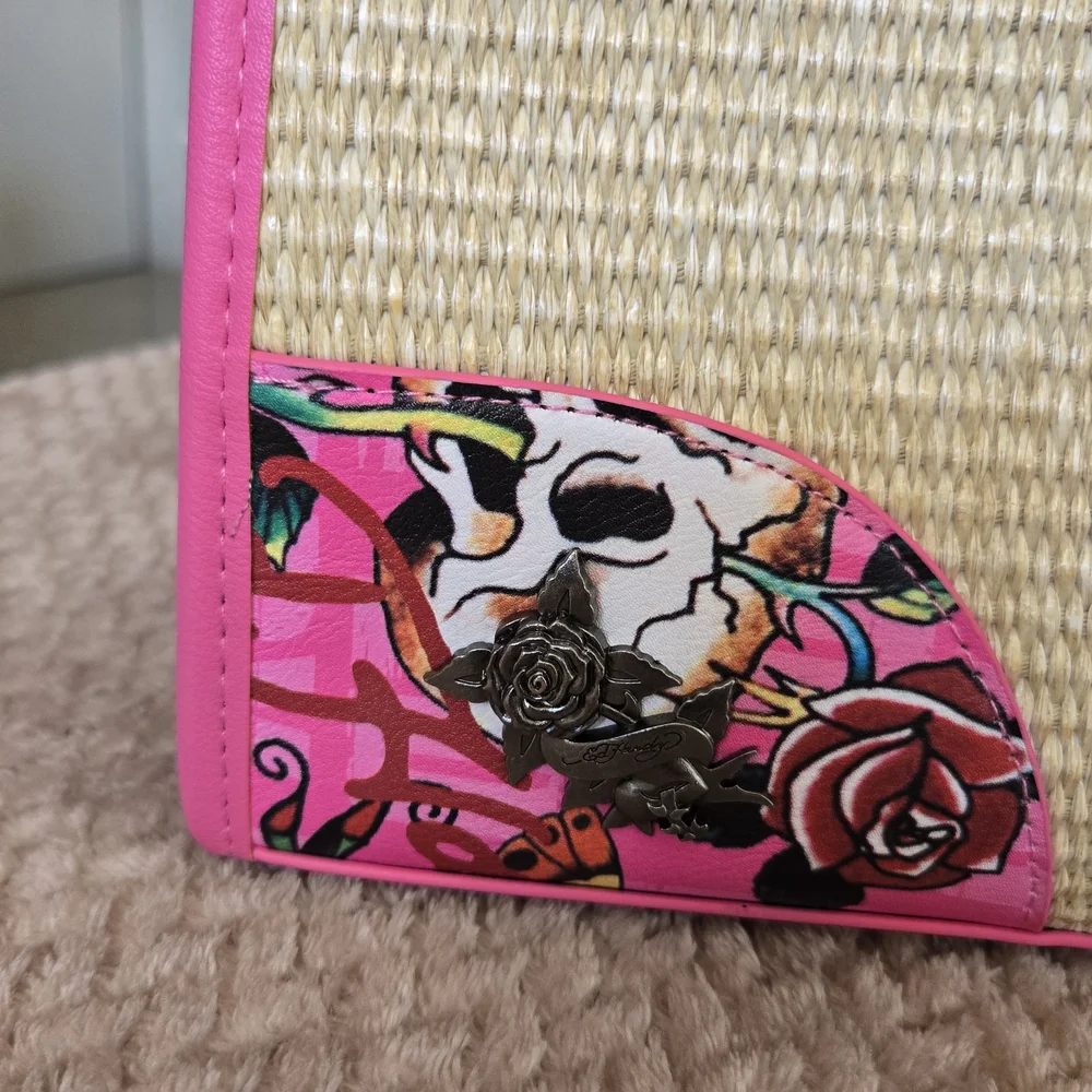 Ed Hardy Tote Bag Pink Straw Love Kills Slowly Skull NWT Strap Y2K Tattoo - Picture 7 of 15